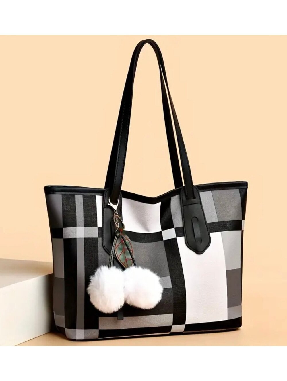 New -Chic -Grey/Black/White Plaid Faux Leather Shoulder Bag/Tote -Black